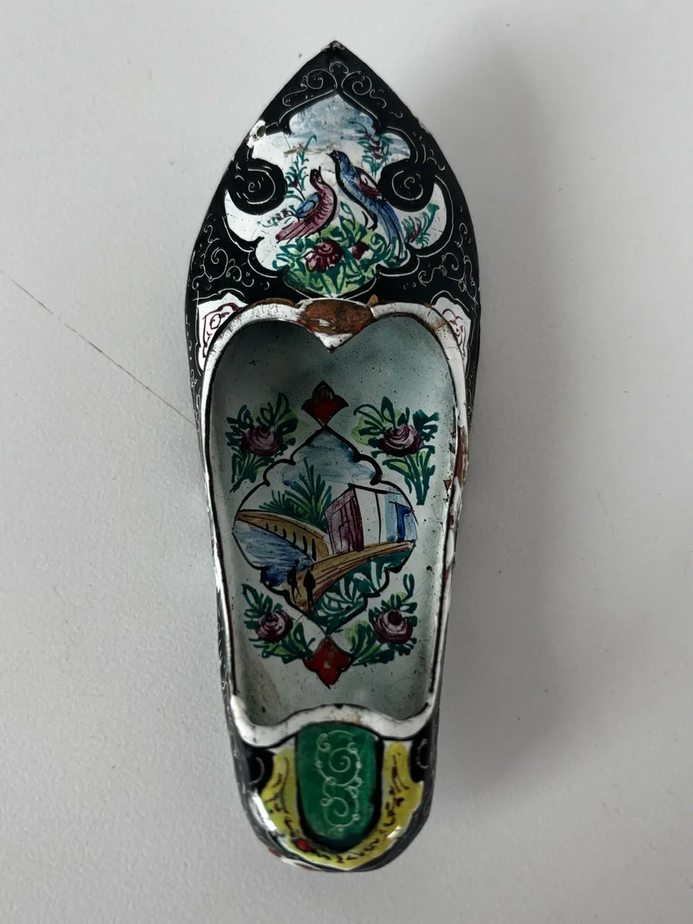 Vintage Hand-Painted Enameled Metal Shoe Shaped Ashtray